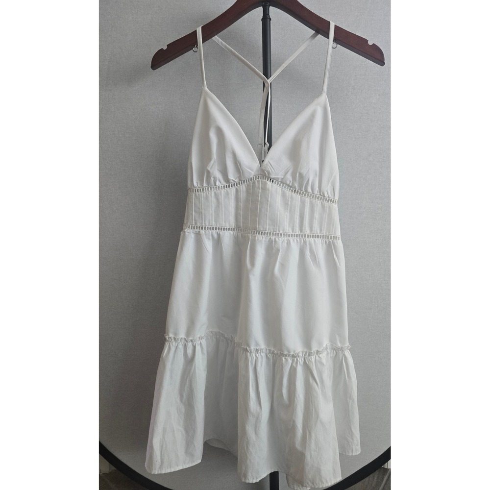 White Summer Tiered Mini Dress Spaghetti Straps Crochet Trim‎ XL Bridal Shower